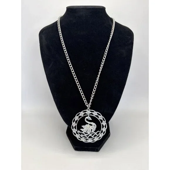 Sarah Coventry Vintage Silver Tone Swan Lake Rhinestone Pendant 24" Necklace - Picture 1 of 4
